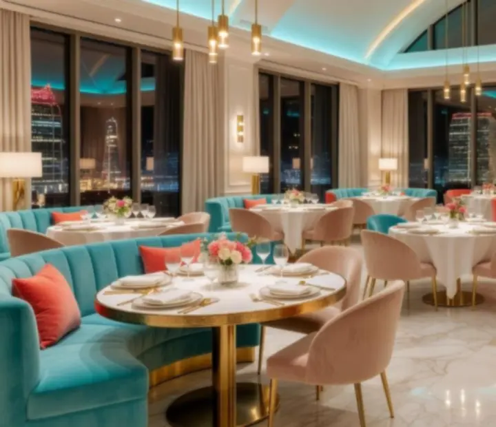 Moderní interiér casino restaurace CasaResto s elegantním osvětlením a lounge zónami