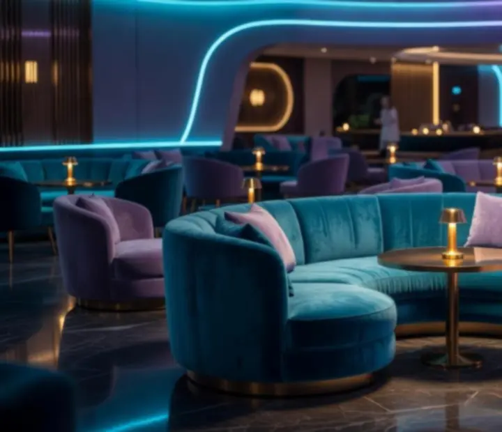 Detail lounge designu v CasaResto s neonovými prvky a pohodlným sezením